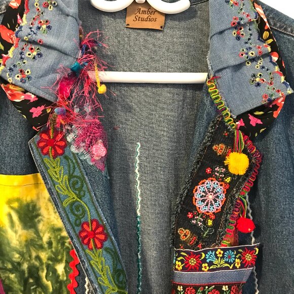 Denim duster/maxi coat Amber studios women's M Art to wear boho hippie fairy - Picture 2 of 12